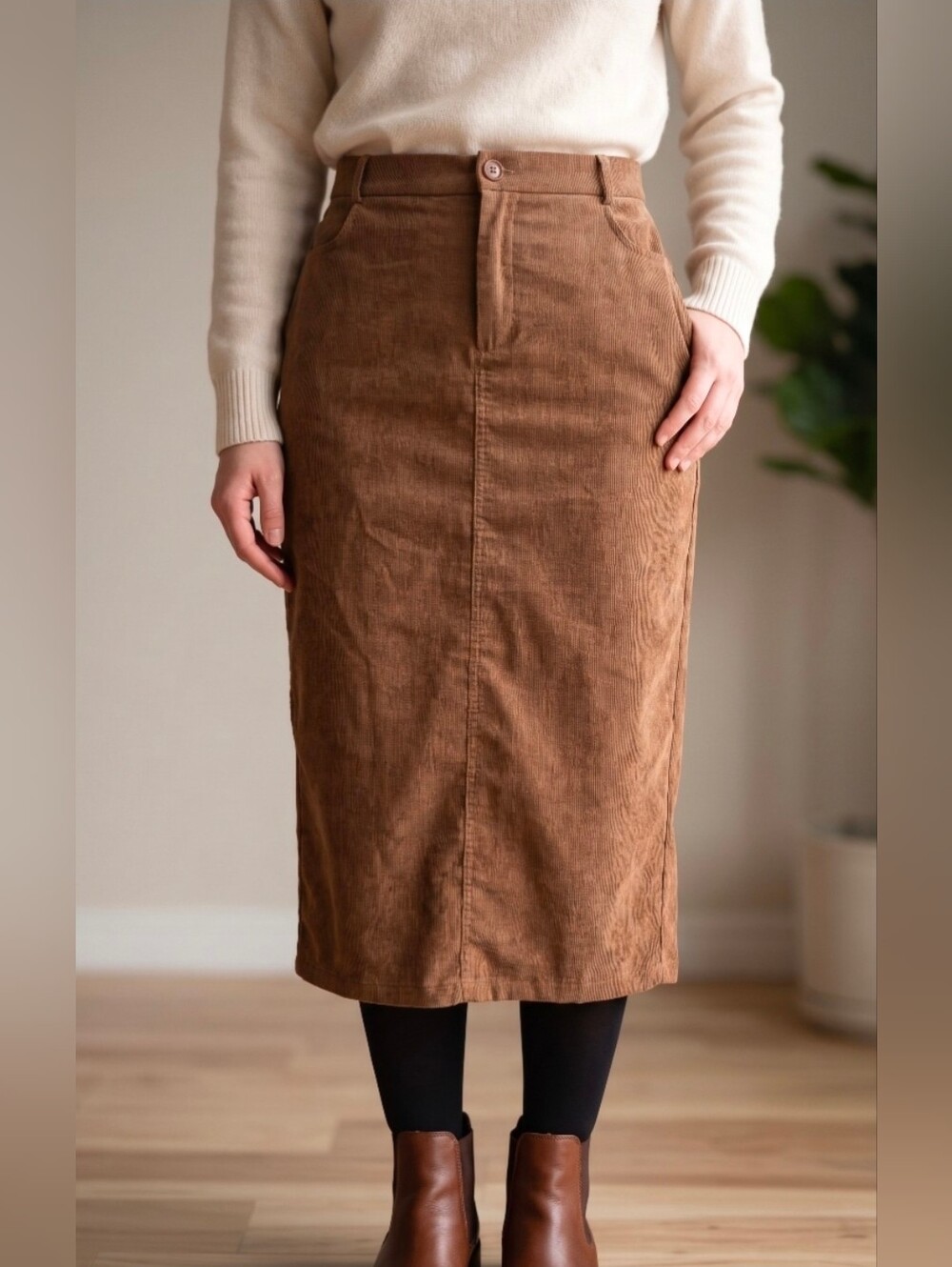 Cider Brown Midi Pencil Skirt - Corduroy Tailored Fit